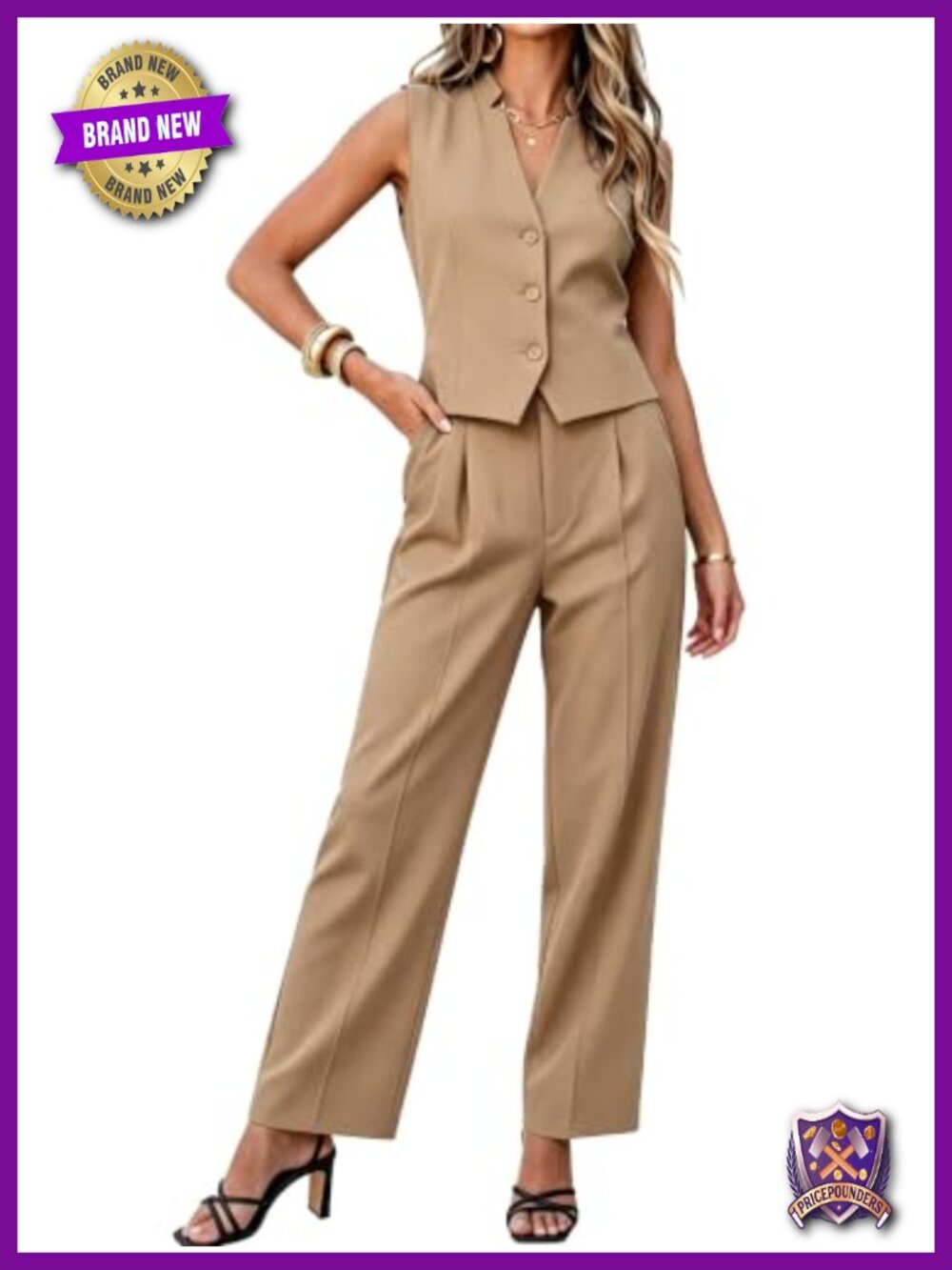 Sleeveless Button Down Vest Blazer Wide Leg Pant Suit Set Office